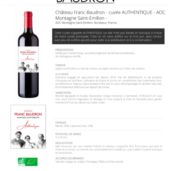 AOP Authentique Montagne Saint Emilion Chateau Franc Baudron Rouge Bio 75cl X 6