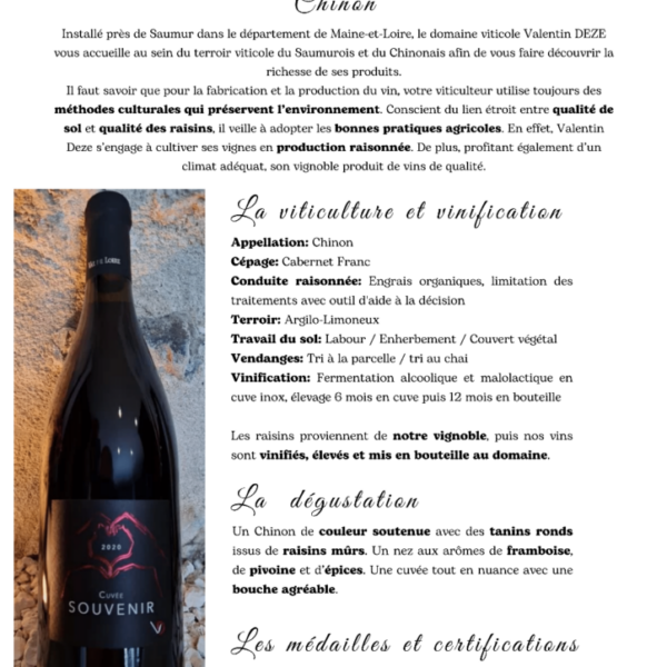 Cuvée Souvenir AOP Chinon Domaine Valentin Dezé Rouge 75cl X 6