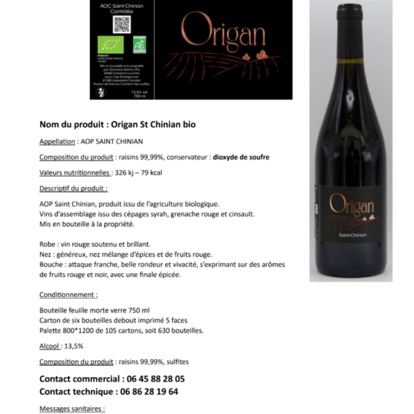 AOP saint Chinian Origan Bio rouge 750ml X 6