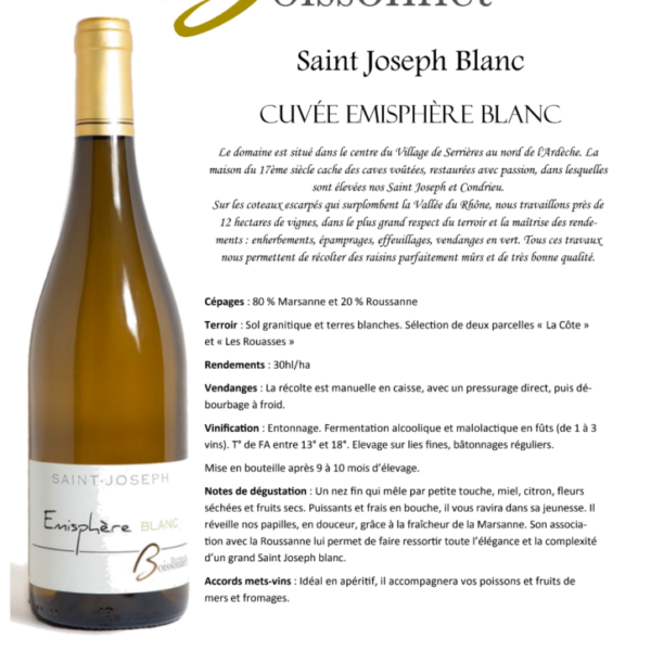 Cuvée Émisphère AOP Saint Joseph Blanc Domaine Boissonnet 750ml X 6