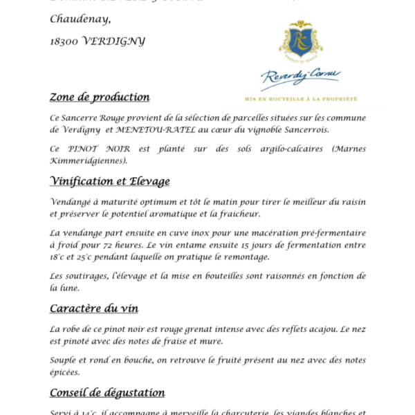 AOP Sancerre Rouge Domaine Reverdy Cornu 750ml X 6