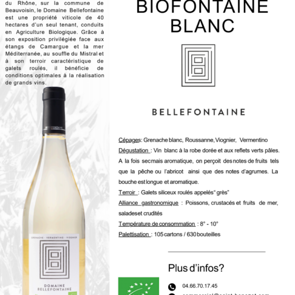 Domaine Bellefontaine IGP Pays d'oc Blanc Bio 750ml X 6